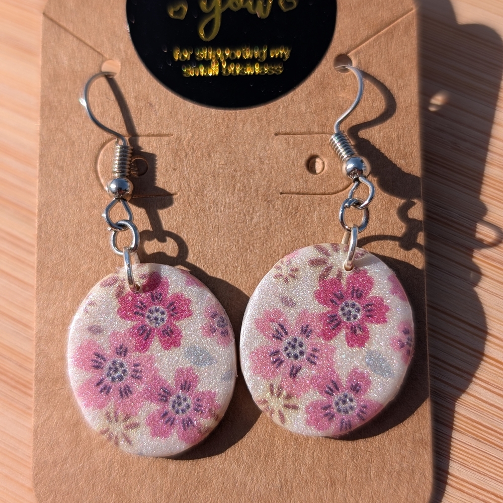 Pink and Cream Floral Ceramic Earrings